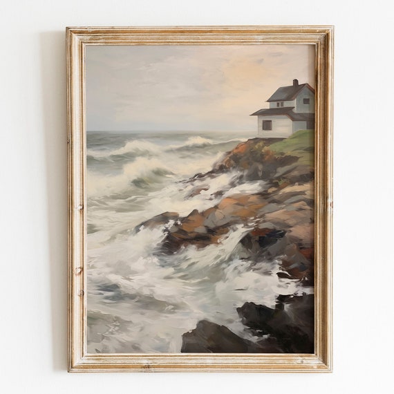 Vintage Moody Coastal Print Ocean Wall Art Beach Print Dark Summer Print Oil Painting Vintage Art Coastal Landscape Painting
