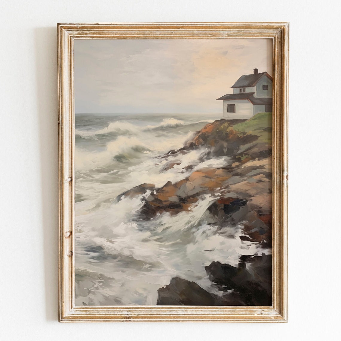 Ocean Waves Rocky Shore Cliff Cottage Pastel Seascape Poster