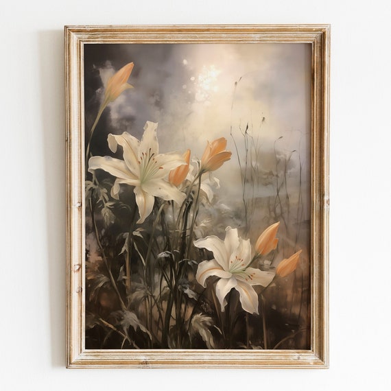Dark Lily Painting Floral Wall Art Antique Moody Art Vintage Dark Academia Decor Dark Botanical Wall Art Moody Flower Painting