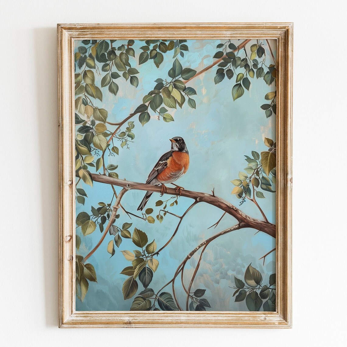 American Robin Perched Branch Spring Leaves Garden Bird Poster