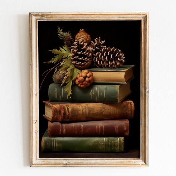 Vintage Book Stack Pinecone Still Life Rustic Autumn Decor Poster