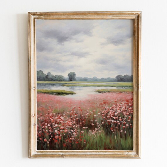 Pink Wildflower Meadow By The River Impressionist Flower Wall Art