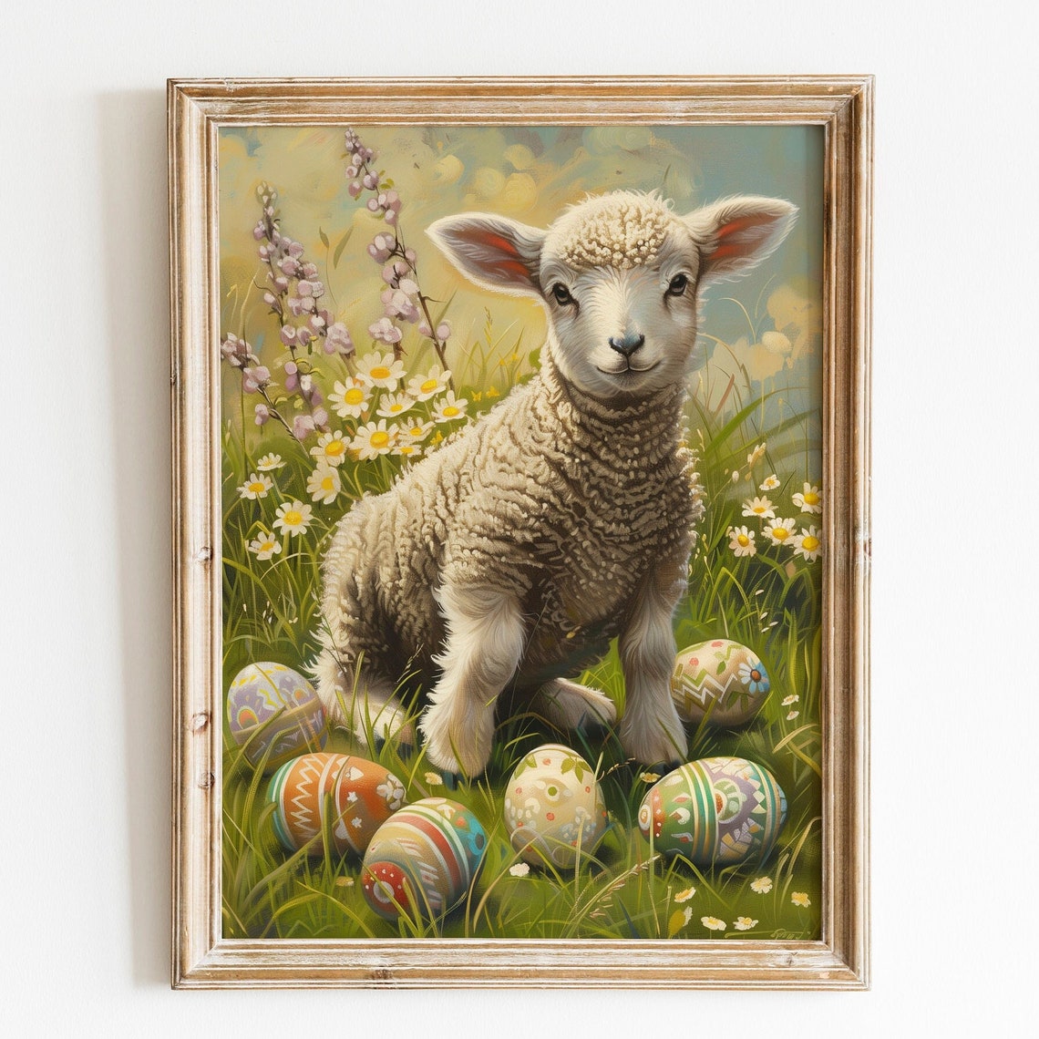 Cute Lamb Easter Painting Spring Daisies Farmhouse Decor Wall Art