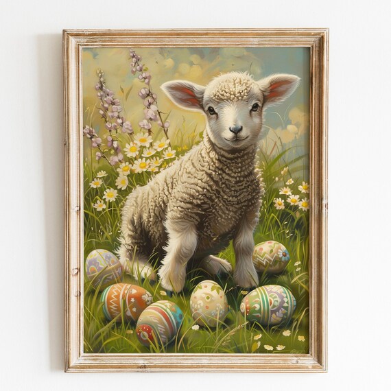 Cute Lamb Easter Painting Spring Daisies Farmhouse Decor Wall Art