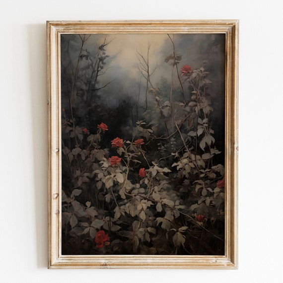 Dark Roses Flower Decor Vintage Dark Night Moody Rose Painting Floral Wall Art Art Dark Academia Botanical Painting Wall Art