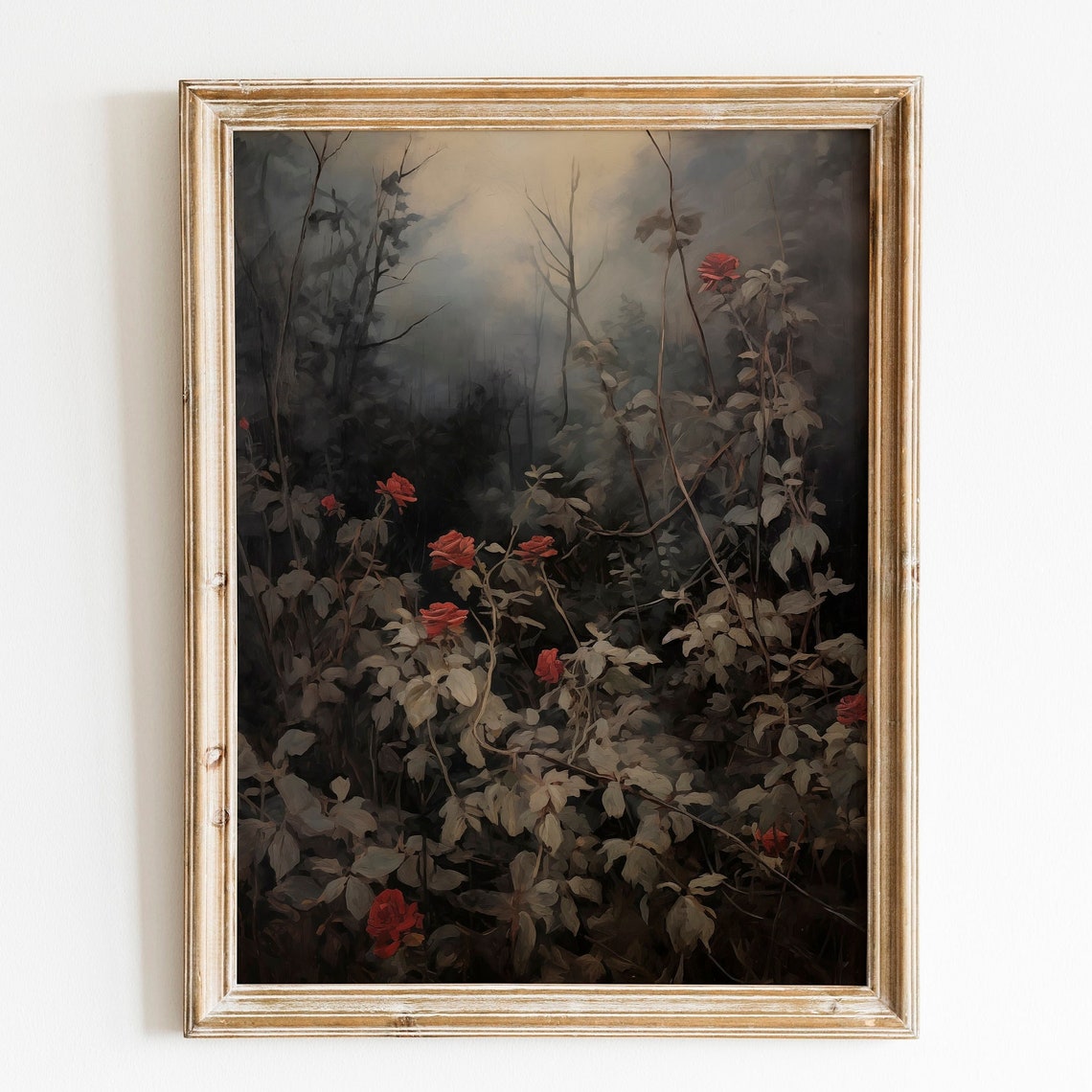Red Roses Dark Forest Night Moody Shadow Floral Decor Wall Art