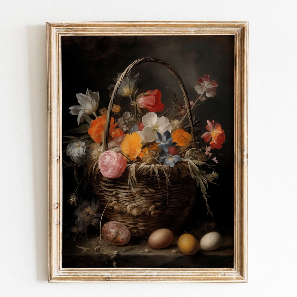 Dark Academia Flower Basket with Easter Eggs Spring Still Life Print
