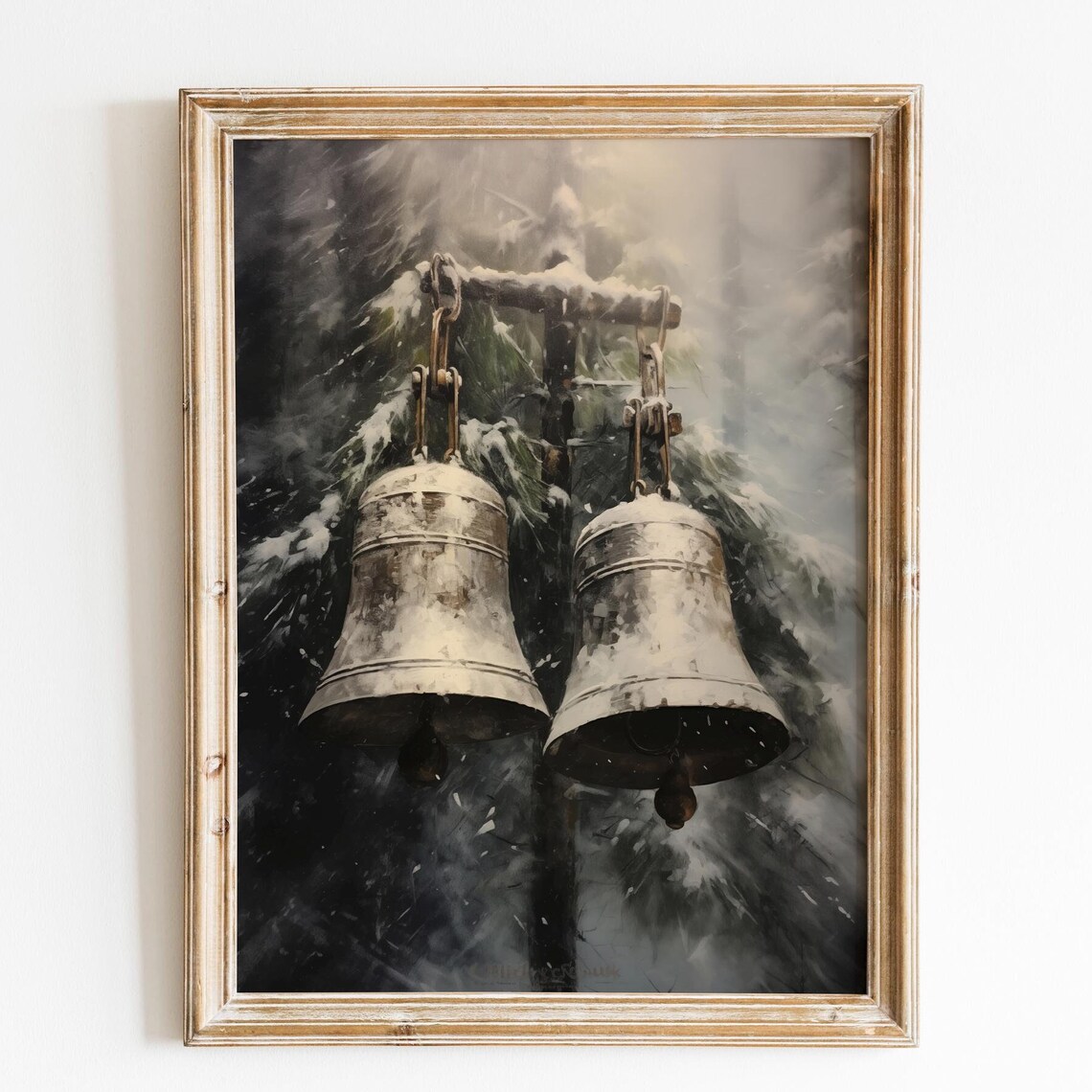 Antique Metal Bells Snowy Beam Dark Winter Forest Vintage Poster