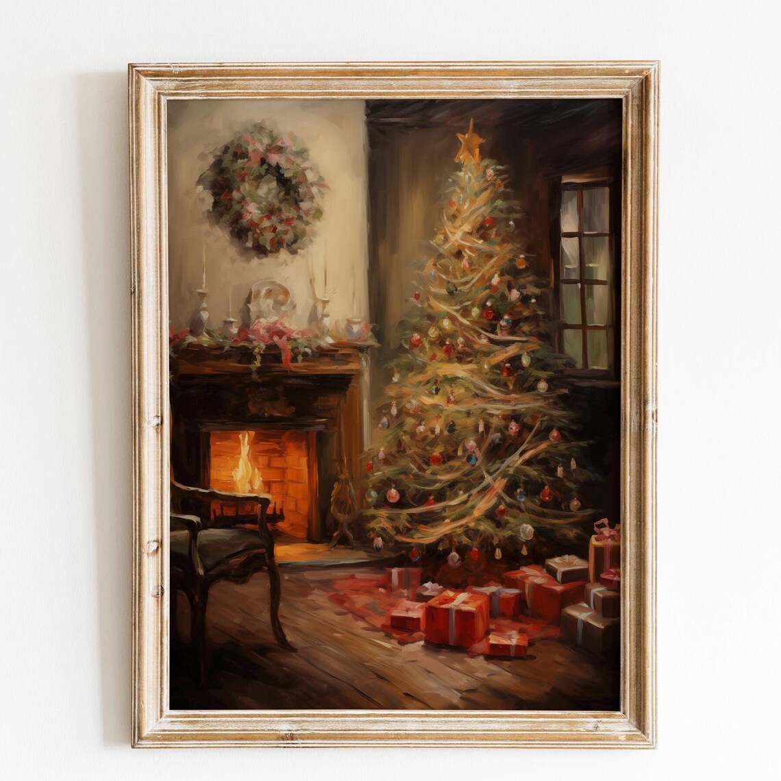 Cozy Christmas Fireplace Tree Wreath Gifts Holiday Scene Poster