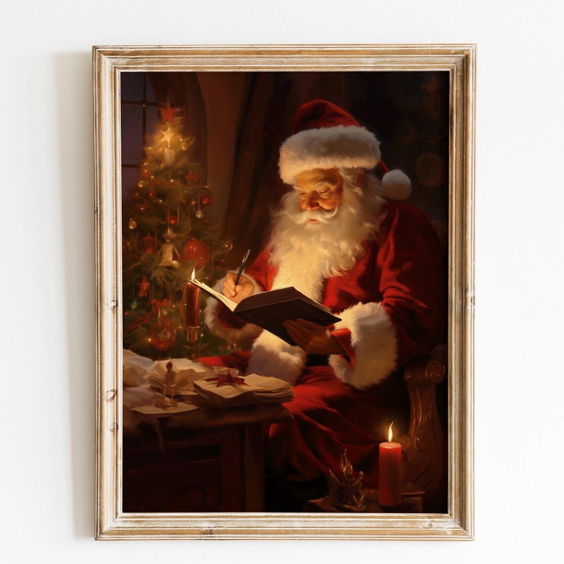 Santa Claus Writing Book Candlelight Christmas Vintage Poster