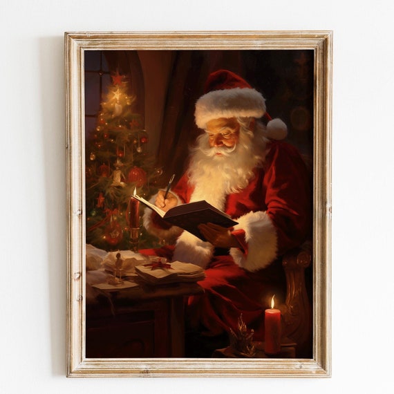Vintage Christmas Wall Art Santa Writing Book Christmas Oil Painting Cottagecore Decor Academia Christmas Decor Moody Winter Print
