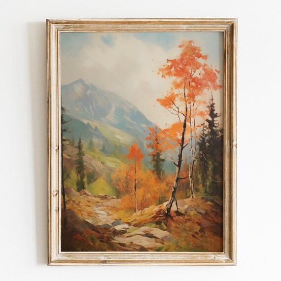 Autumn Mountain Valley Orange Trees Vintage Fall Landscape Poster