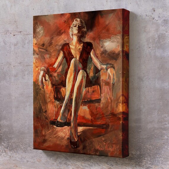 Seated Woman In Red Dress On Sofa Warm Impressionist Oil Painting Poster