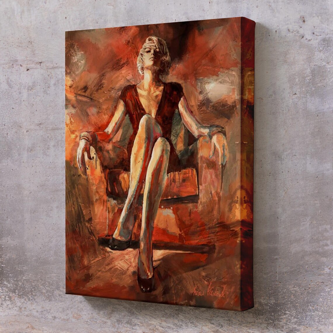 Seated Woman In Red Dress On Sofa Warm Impressionist Oil Painting Poster
