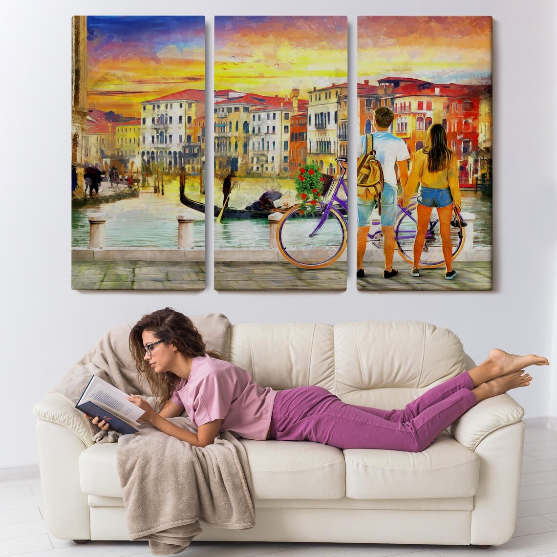Venice Italy Grand Canal Sunset Couple With Bicycle Travel Poster - Image 3