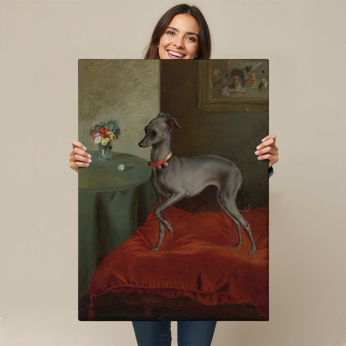 Italian Greyhound On Red Velvet Cushion Classic Oil Dog Art Poster - Image 4