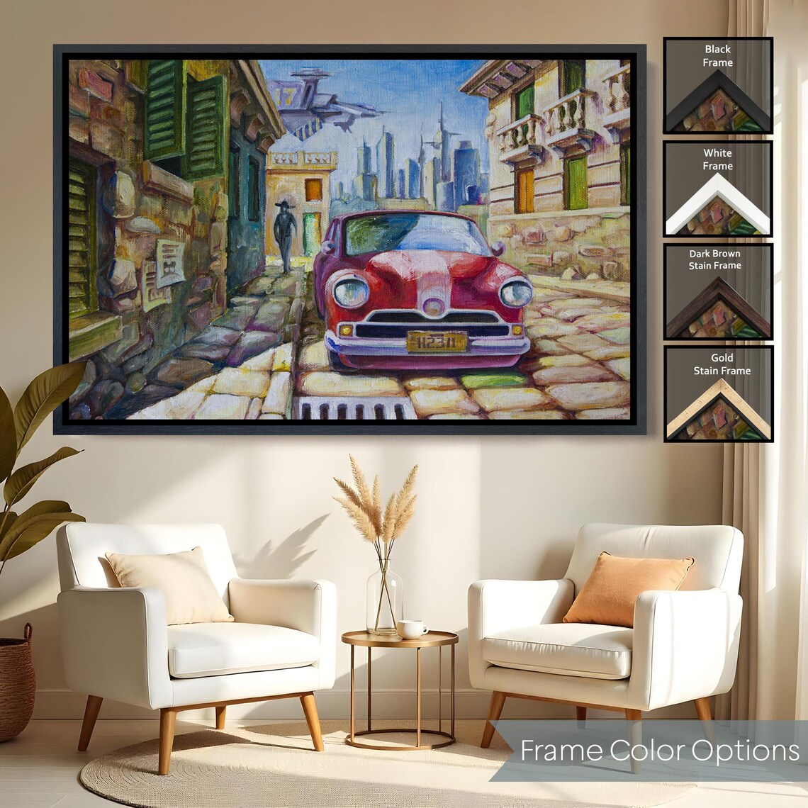 Red Vintage Car Old European Street Surreal Cityscape Auto Poster - Image 2