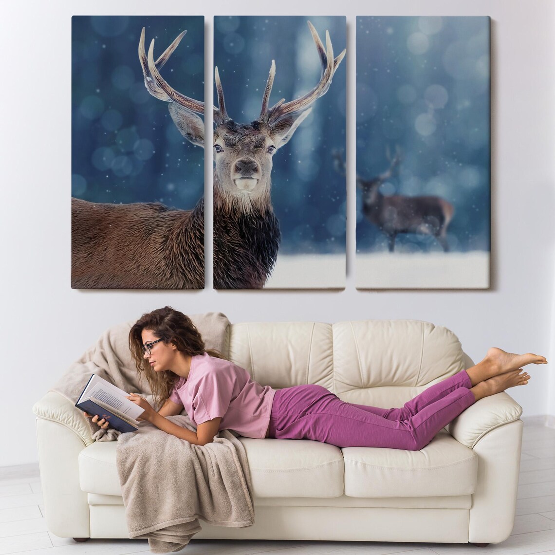 Majestic Stag Winter Snow Forest Close Portrait Blue Moody Wall Art - Image 3