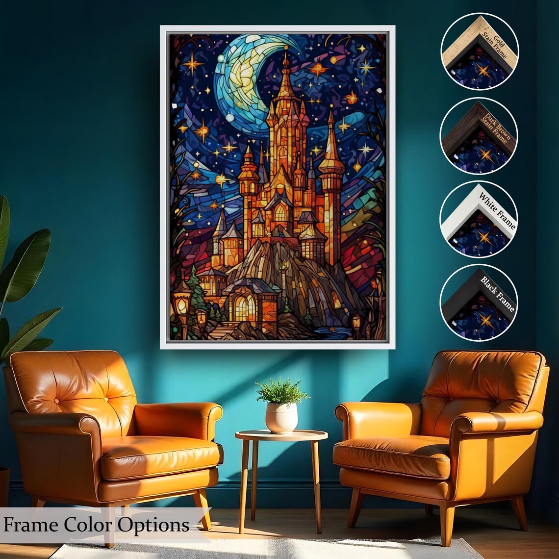 Stained Glass Fairy Tale Castle Crescent Moon Starry Night Art Poster - Image 2
