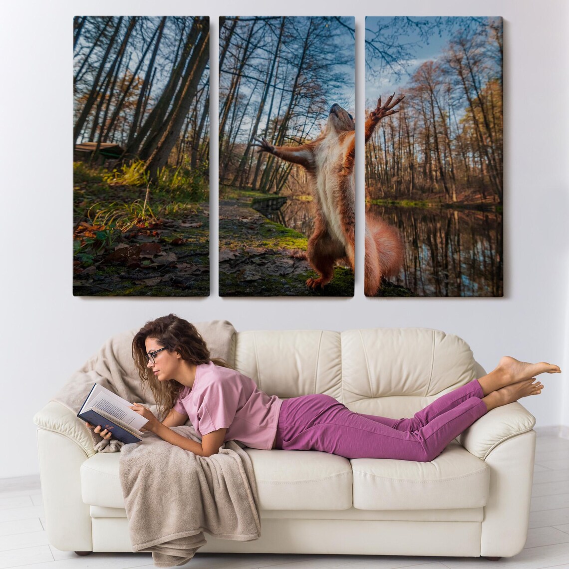 Red Squirrel Standing In Autumn Forest By Lake Whimsical Wildlife Wall Art - Image 3
