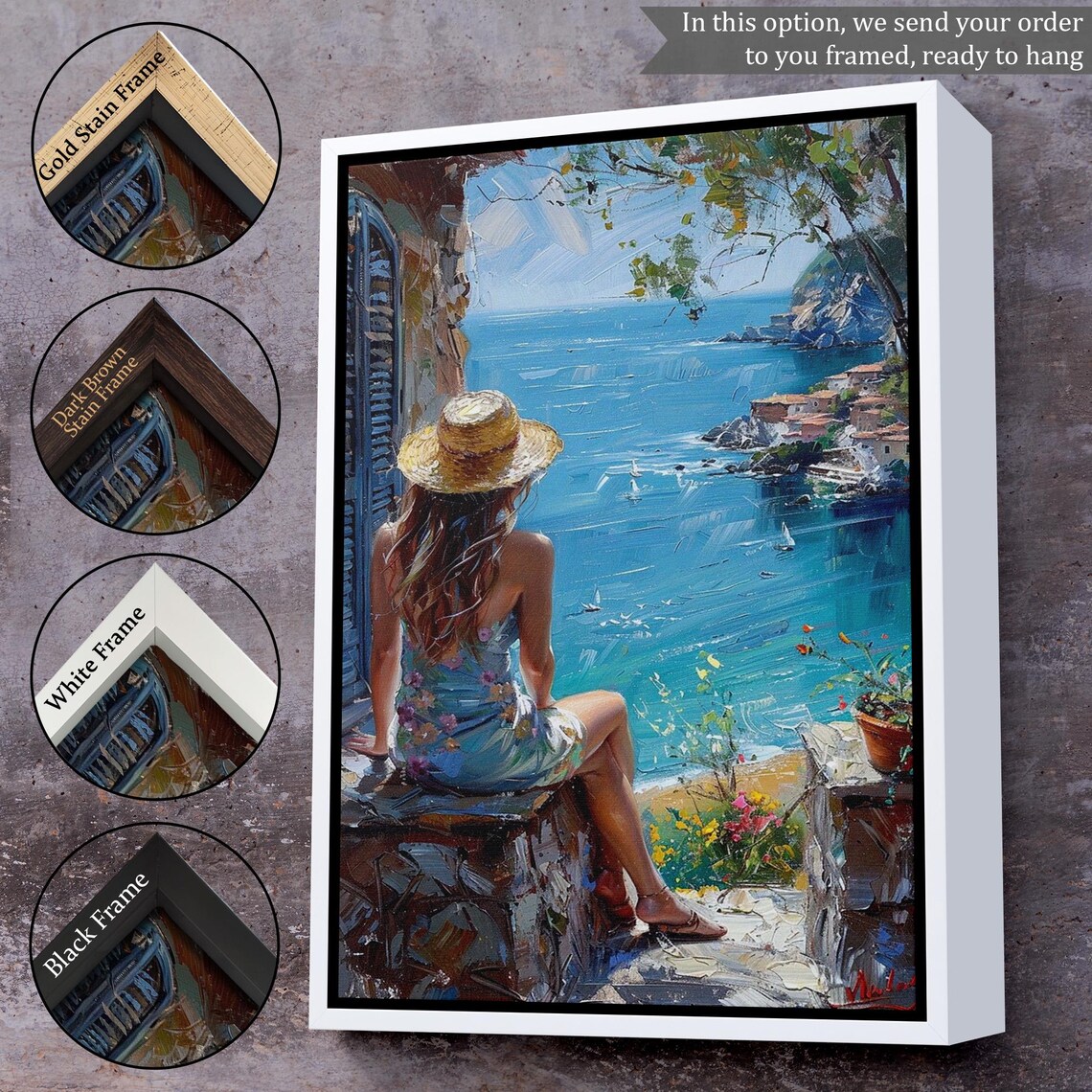 Woman Overlooking Bright Blue Mediterranean Bay Sailboats Village View Travel Poster - Image 3