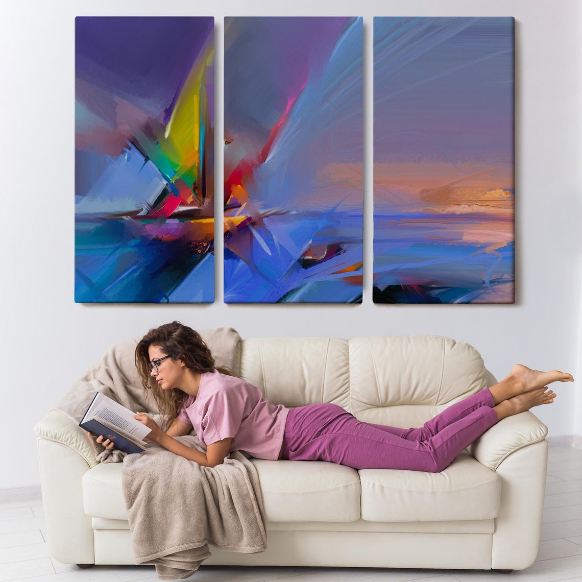 Abstract Sailboat Sweeping Brush Strokes Blue Violet Modern Art Print - Image 3