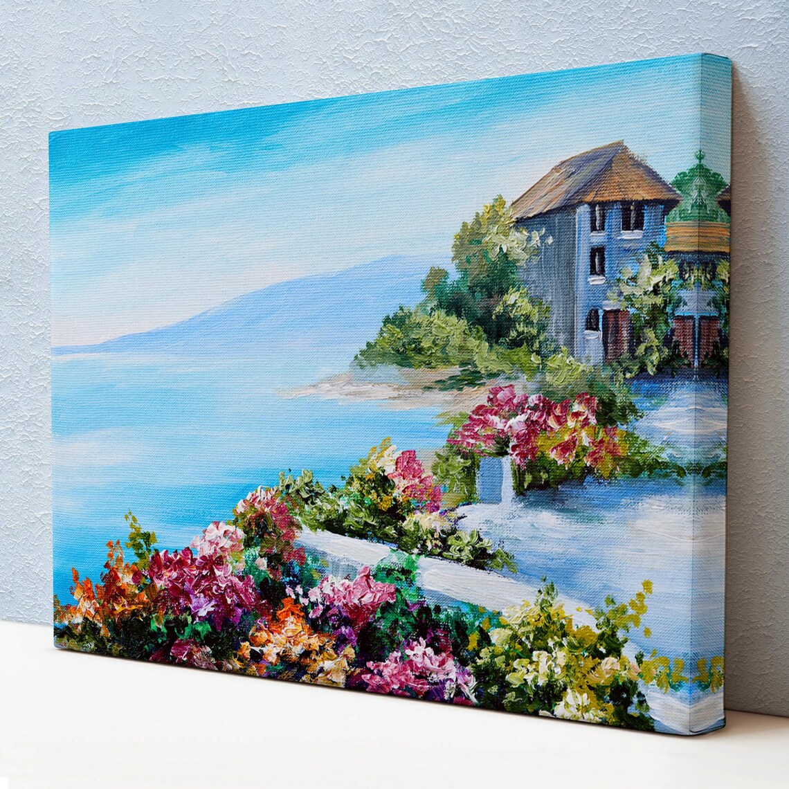 Seaside House Among Bright Flowers Blue Ocean Coast View Poster