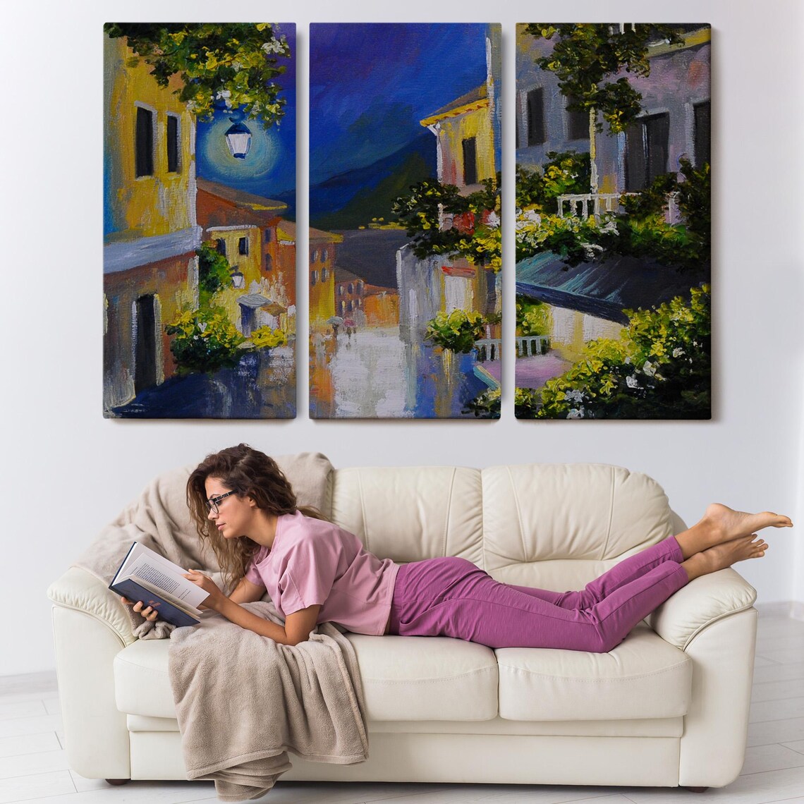Moonlit Old Town Street Lantern Leading to Sea Night Painting Poster - Image 3
