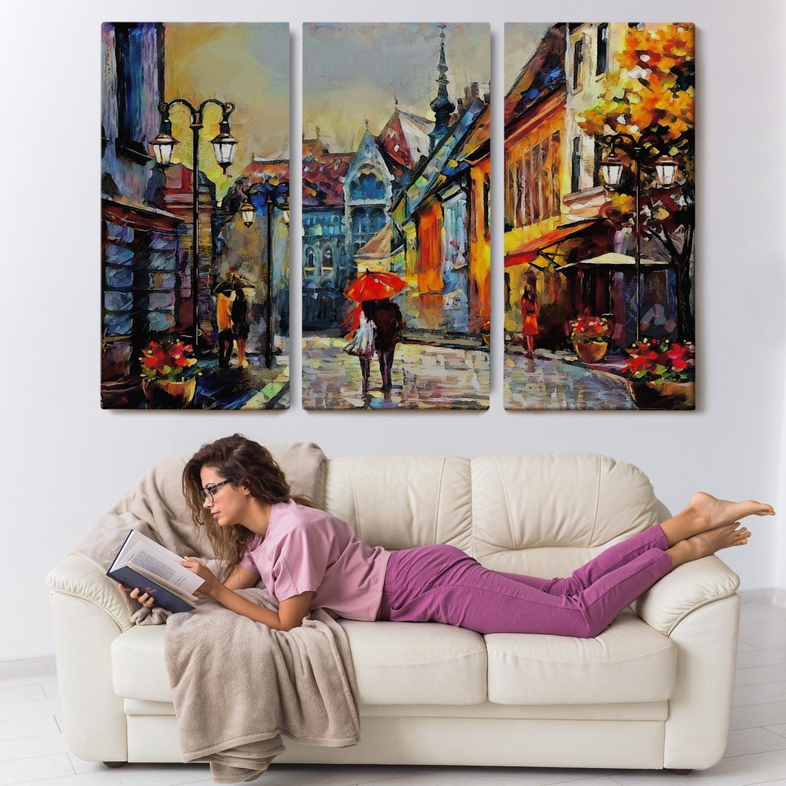 Rainy Kyiv Old Street Umbrella Lampposts Vintage Evening Travel Poster - Image 3