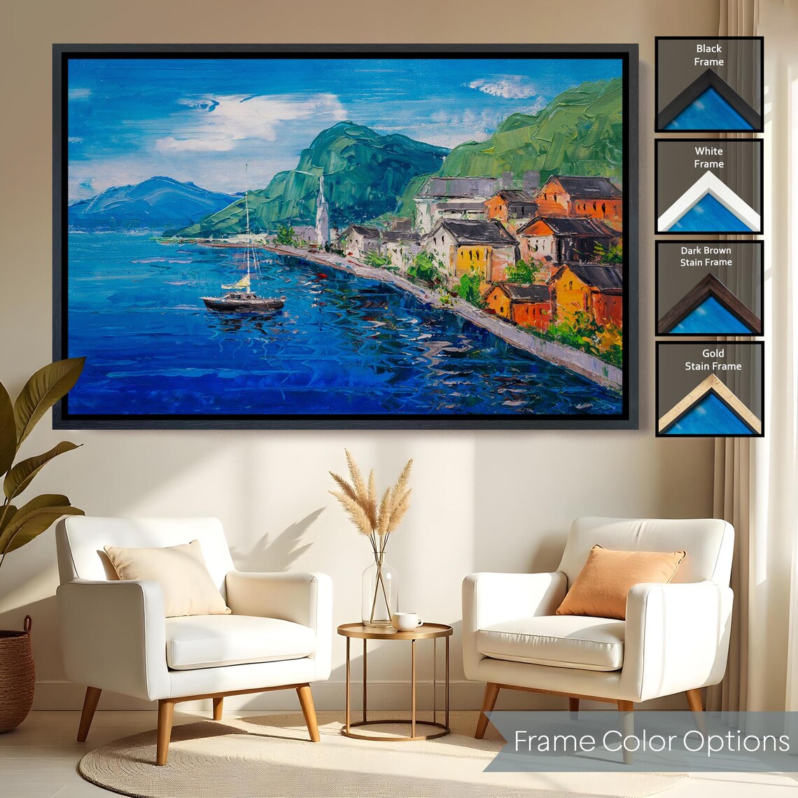 Hallstatt Austria Lakeside Village Sailboat Oil Painting Art Poster - Image 2