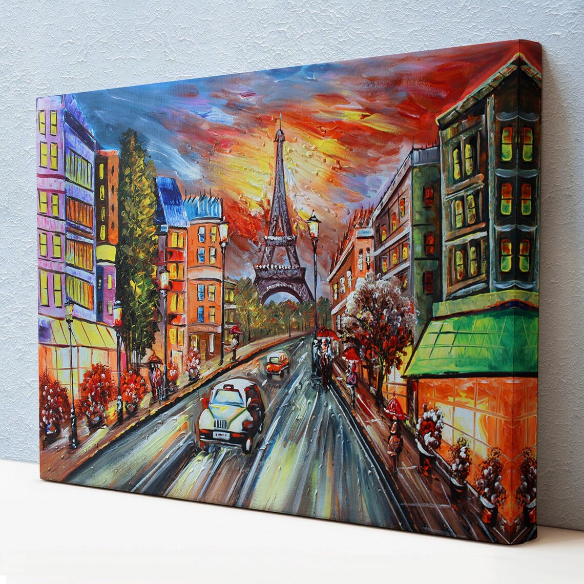 Paris France Eiffel Tower Rainy Street Colorful Night Oil Poster