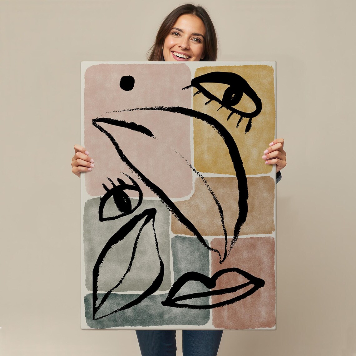 Abstract Face Line Art Pastel Color Blocks Modern Boho Style Wall Poster - Image 4
