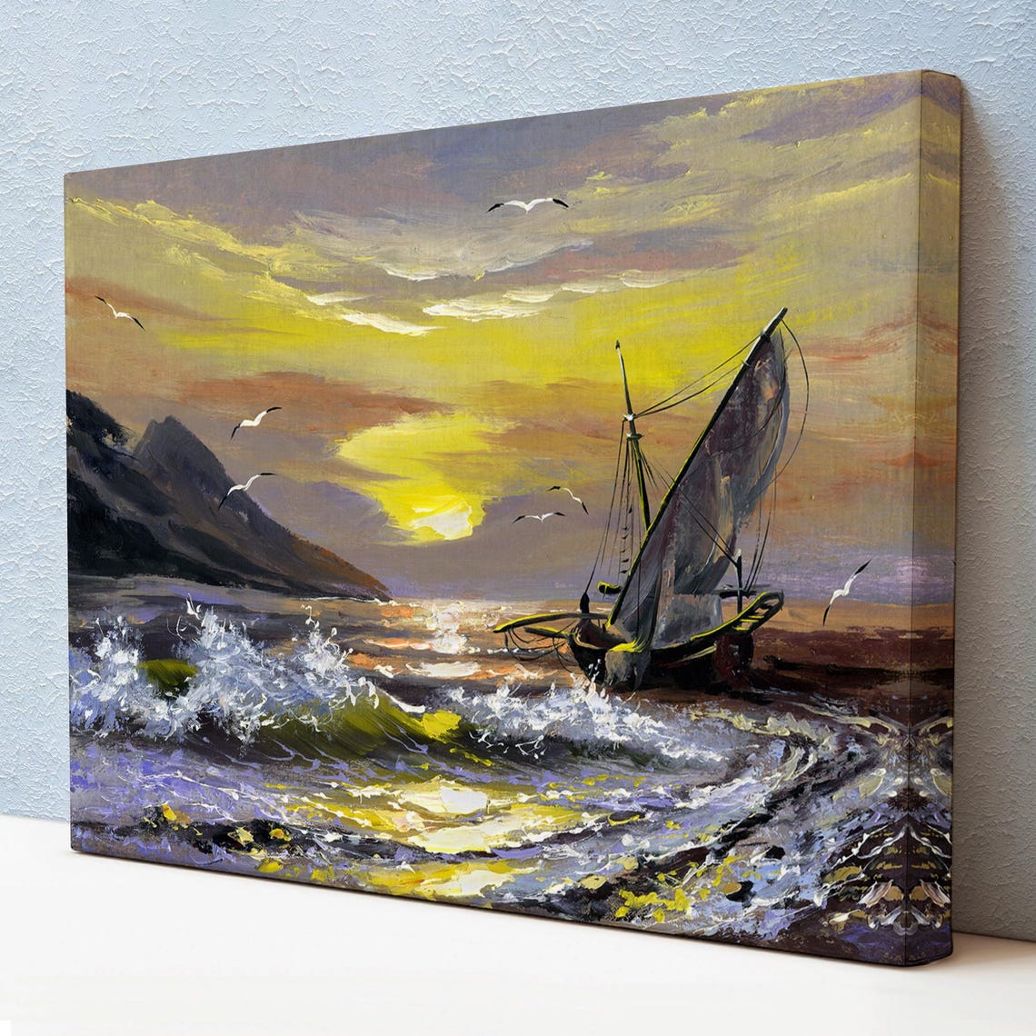 Sailboat Rolling Waves Beach Sunset Golden Sky Seagulls Seascape Art
