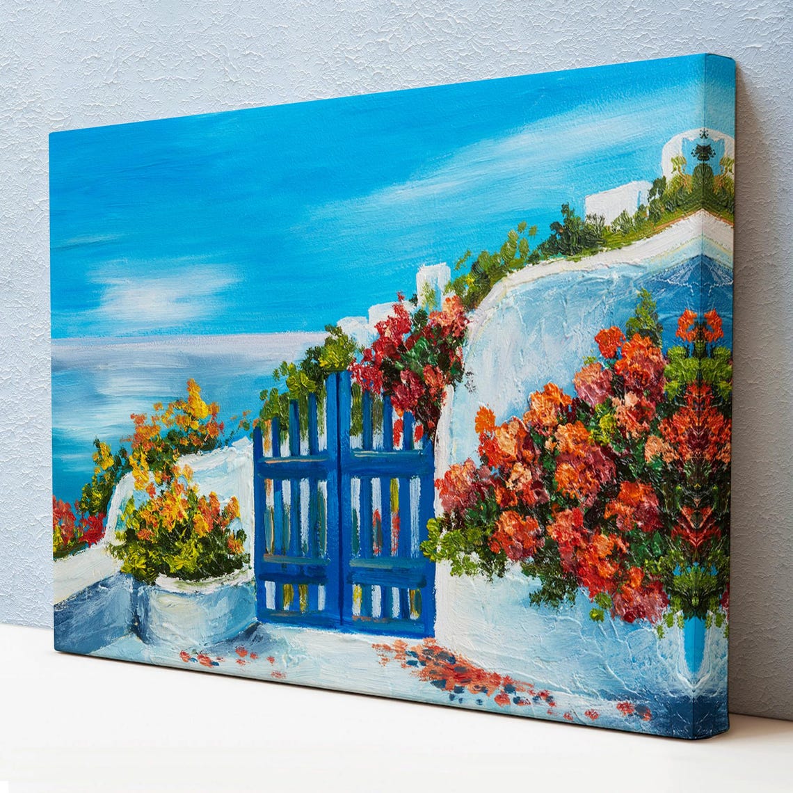 Santorini Blue Gate Bougainvillea Whitewashed Wall Aegean Sea Poster