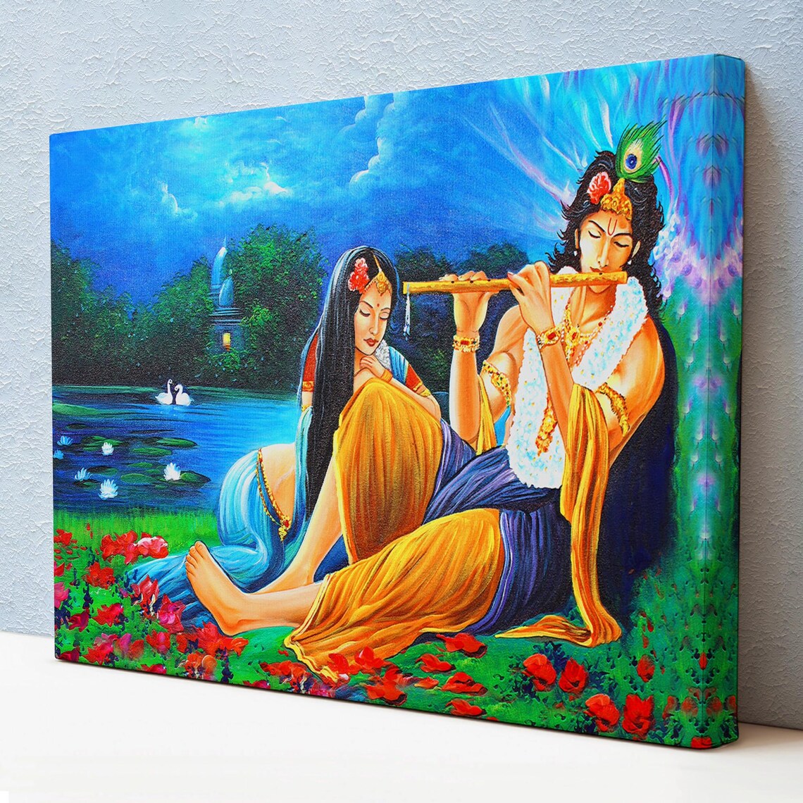 Radha Krishna By Lotus Lake Moonlit Night Indian Divine Love Poster