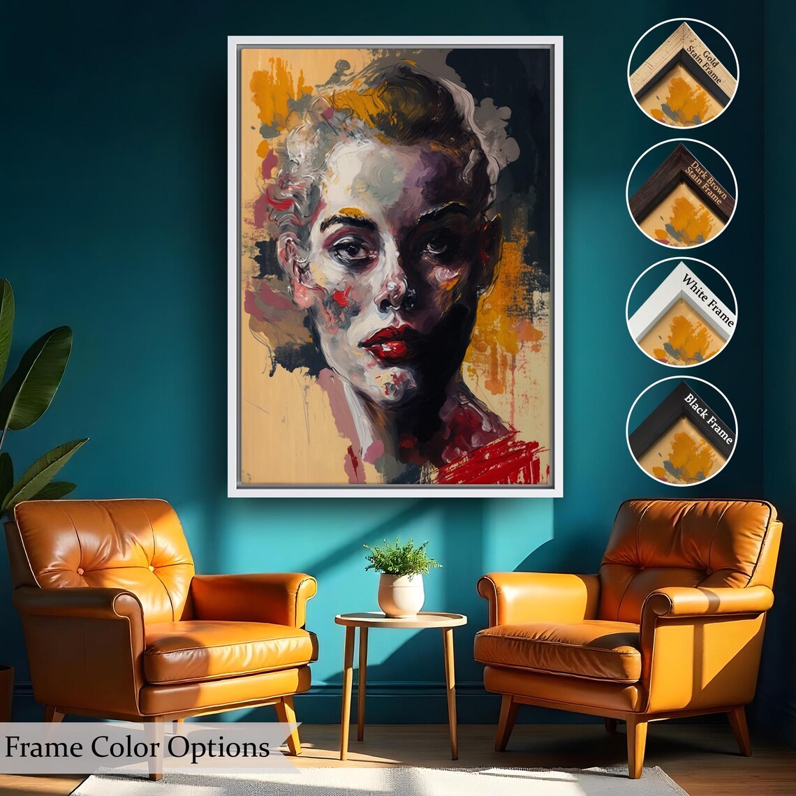 Expressive Abstract Woman Portrait Red Lips Dramatic Brushwork Wall Art - Image 2
