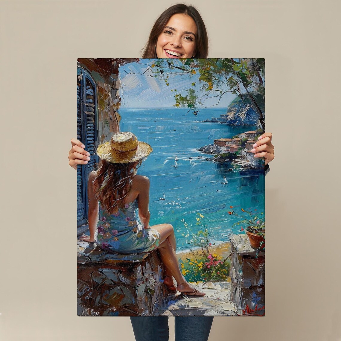 Woman Overlooking Bright Blue Mediterranean Bay Sailboats Village View Travel Poster - Image 4