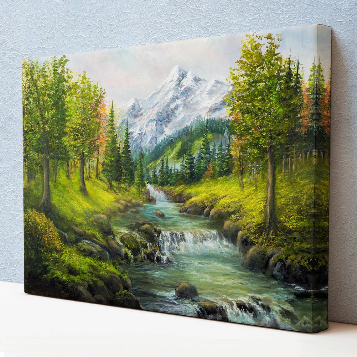 Snowy Mountain Peak Alpine Stream Waterfalls Evergreen Forest Poster