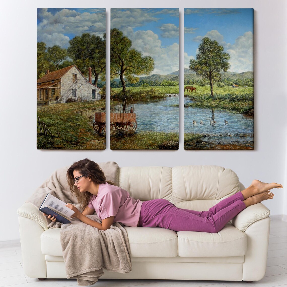 Stone Cottage By The Stream Horse Wagon Pastoral Country Poster - Image 3