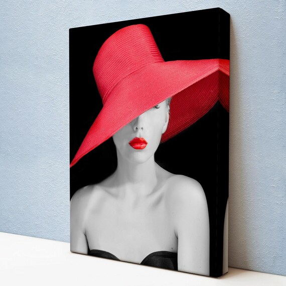 Elegant Woman Red Wide Brim Hat Red Lipstick Black White Fashion Print