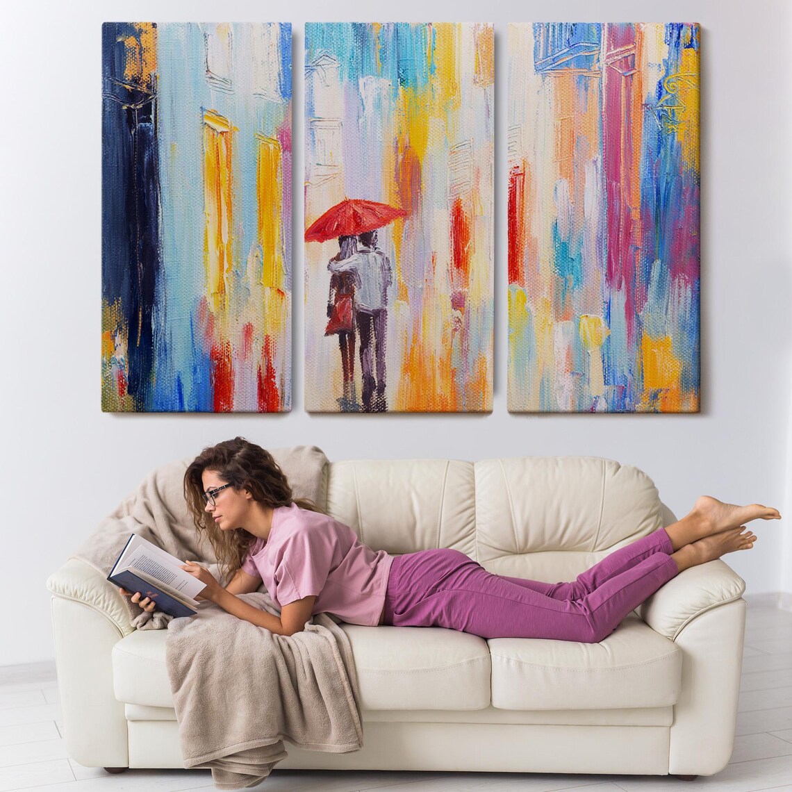 Couple Under Red Umbrella Rainy Abstract City Street Romance Poster - Image 3