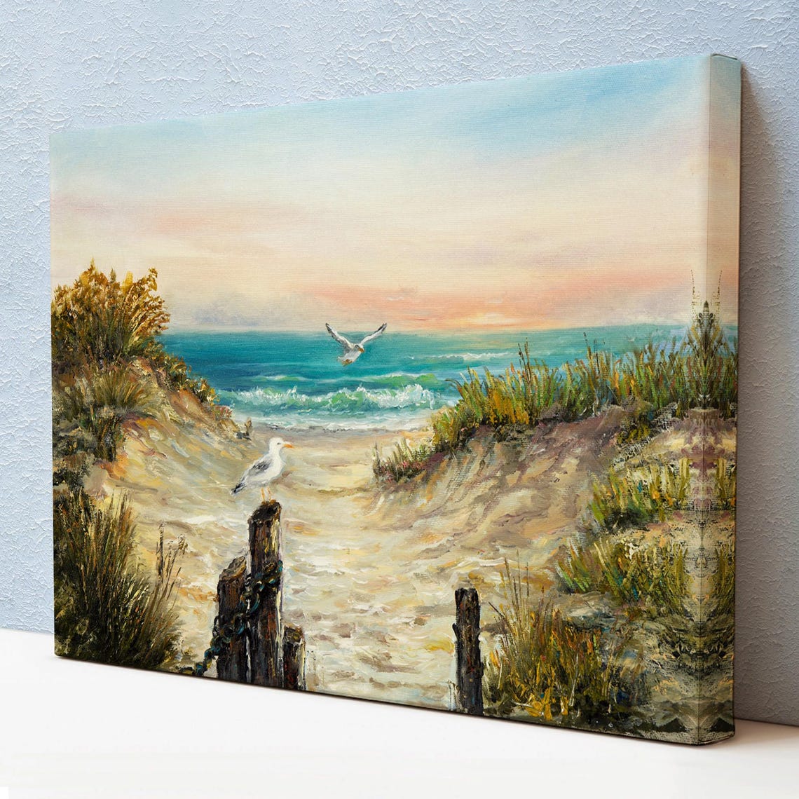 Sandy Path Through Dunes To Ocean Sunset Seagulls Coastal Scene Poster