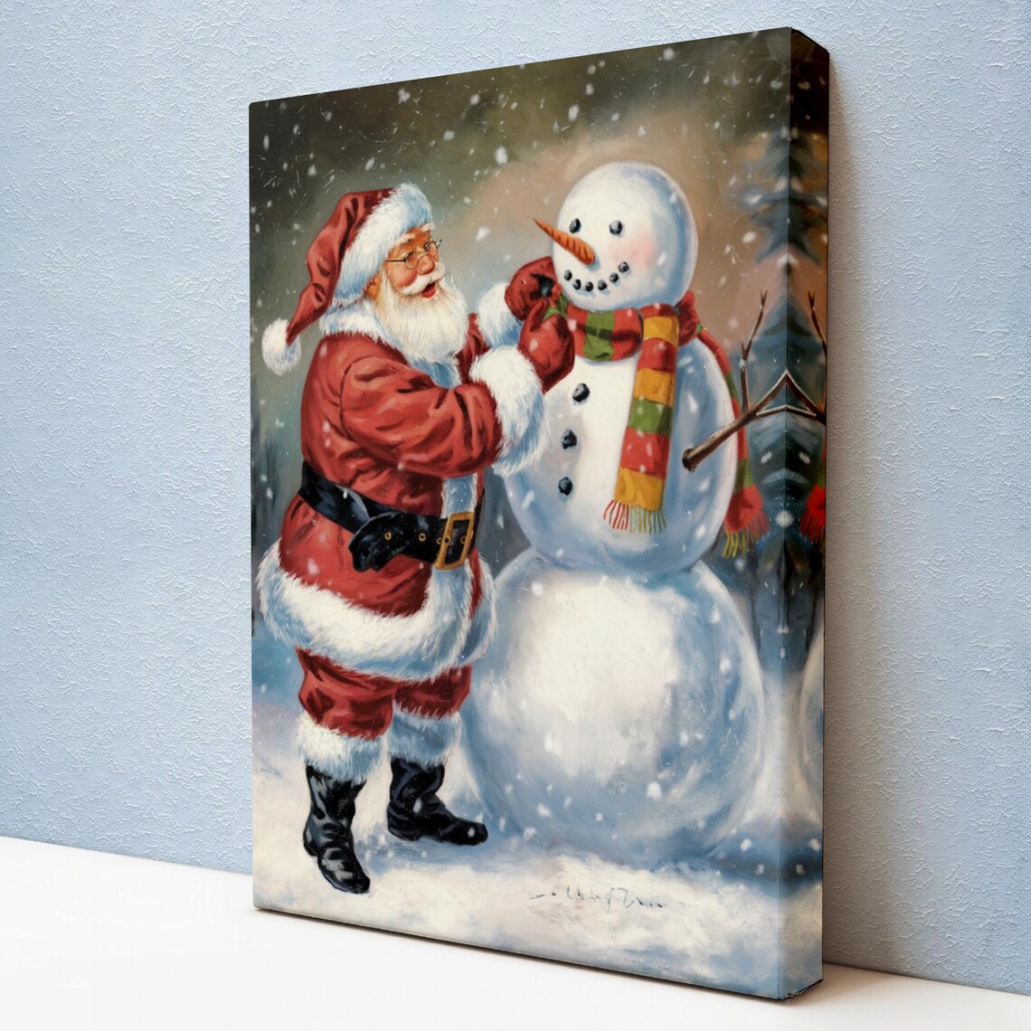 Santa Claus Building Snowman Winter Night Cheerful Christmas Poster
