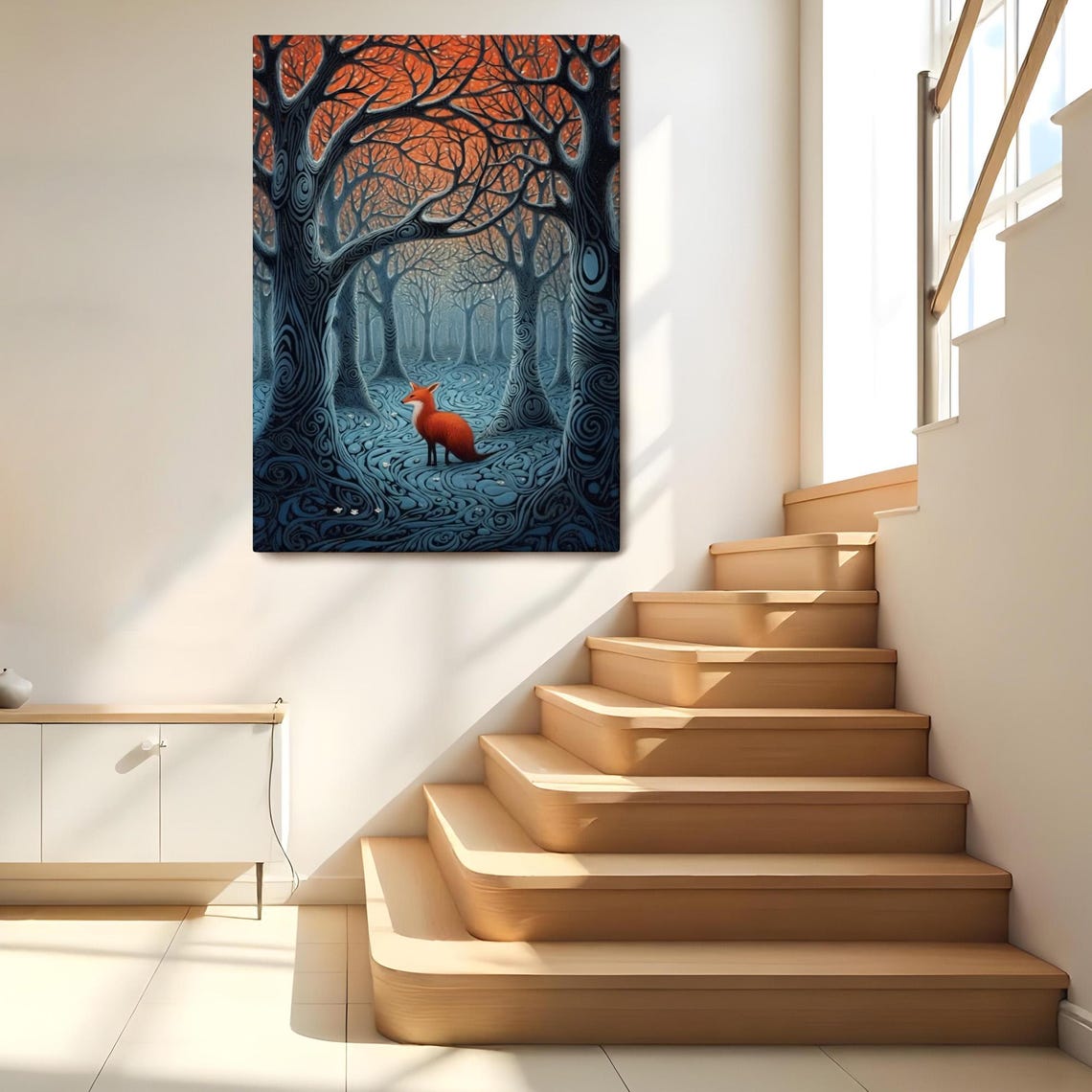 Red Fox Enchanted Swirling Blue Forest Sunset Whimsical Nature Poster - Image 2