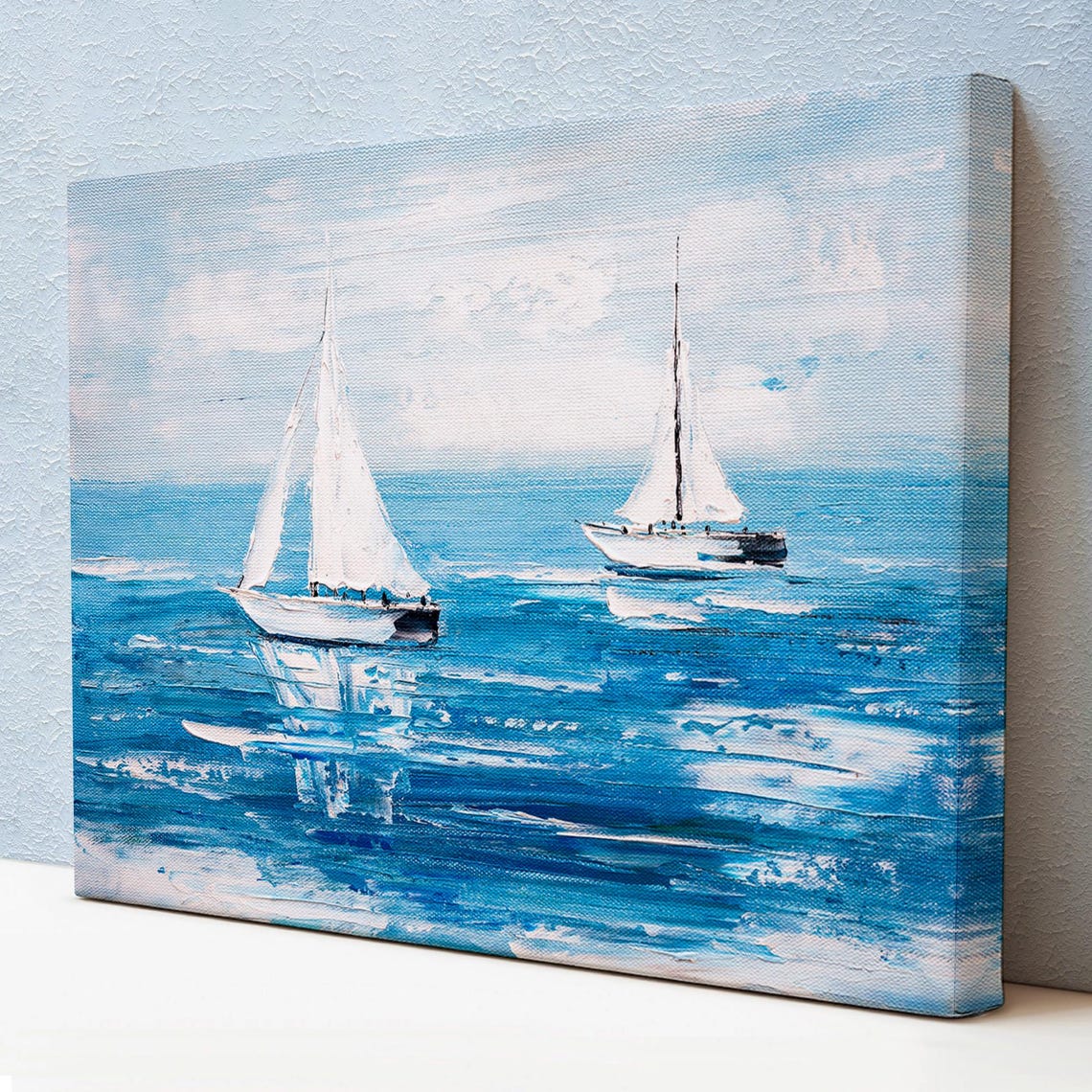 Two White Sailboats Bright Blue Summer Sea Calm Ocean Scenery Poster
