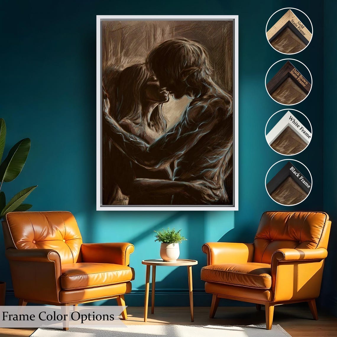 Sepia Sketch Couple Kissing In The Rain Romantic Vintage Art Print - Image 2