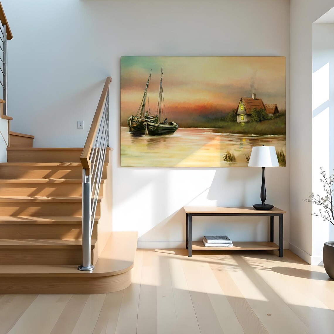 Fishermen Boats Sunset Riverside Cottage Cozy Evening Landscape Poster - Image 2