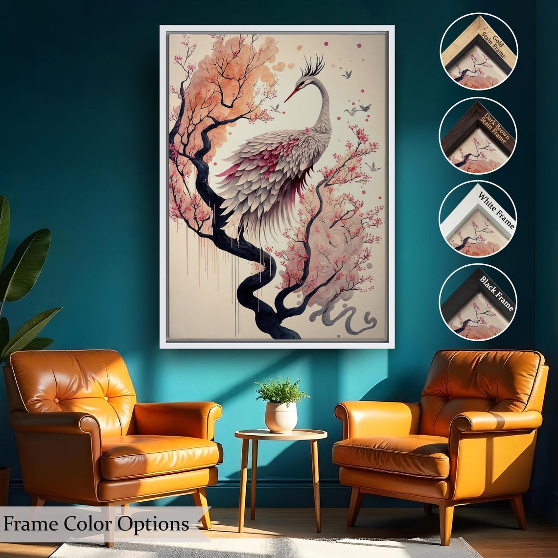 Elegant Crane Cherry Blossom Branch Japanese Watercolor Art Poster - Image 2