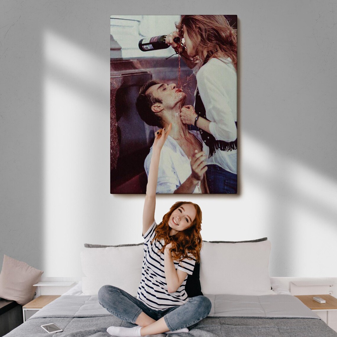 Couple Sharing Red Wine Playful Kiss Romantic Photography Poster - Image 3