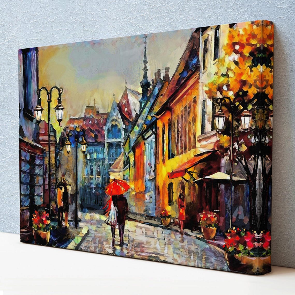 Rainy Kyiv Old Street Umbrella Lampposts Vintage Evening Travel Poster